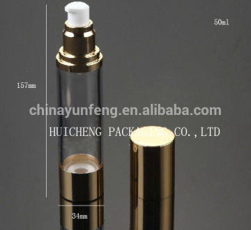 Cosmetic packaging 50ml plastic clear airless bottle with gold cap
