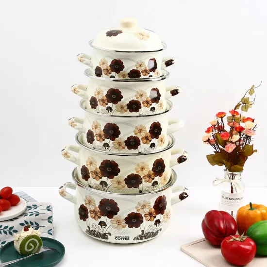 18-26cm 806D Full Print Coffee Rose Camper Pot Casserole Enamel Cookware Cooking Stocks Pot