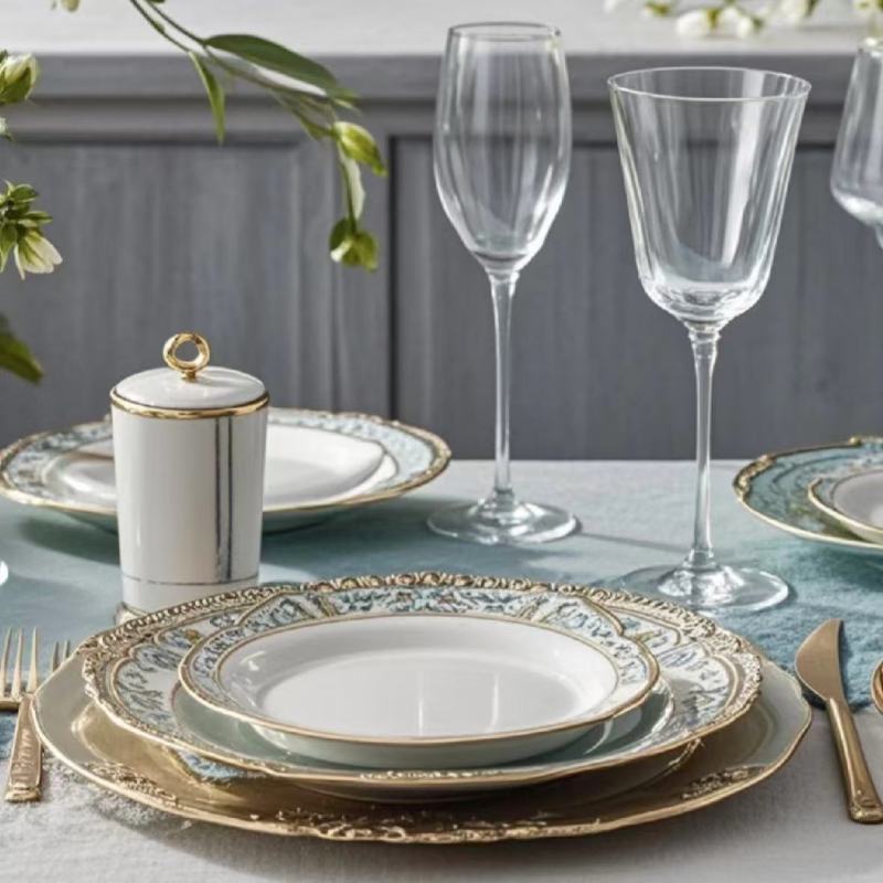 Luxury Blue-Gold Tableware Set with Crystal Glasses