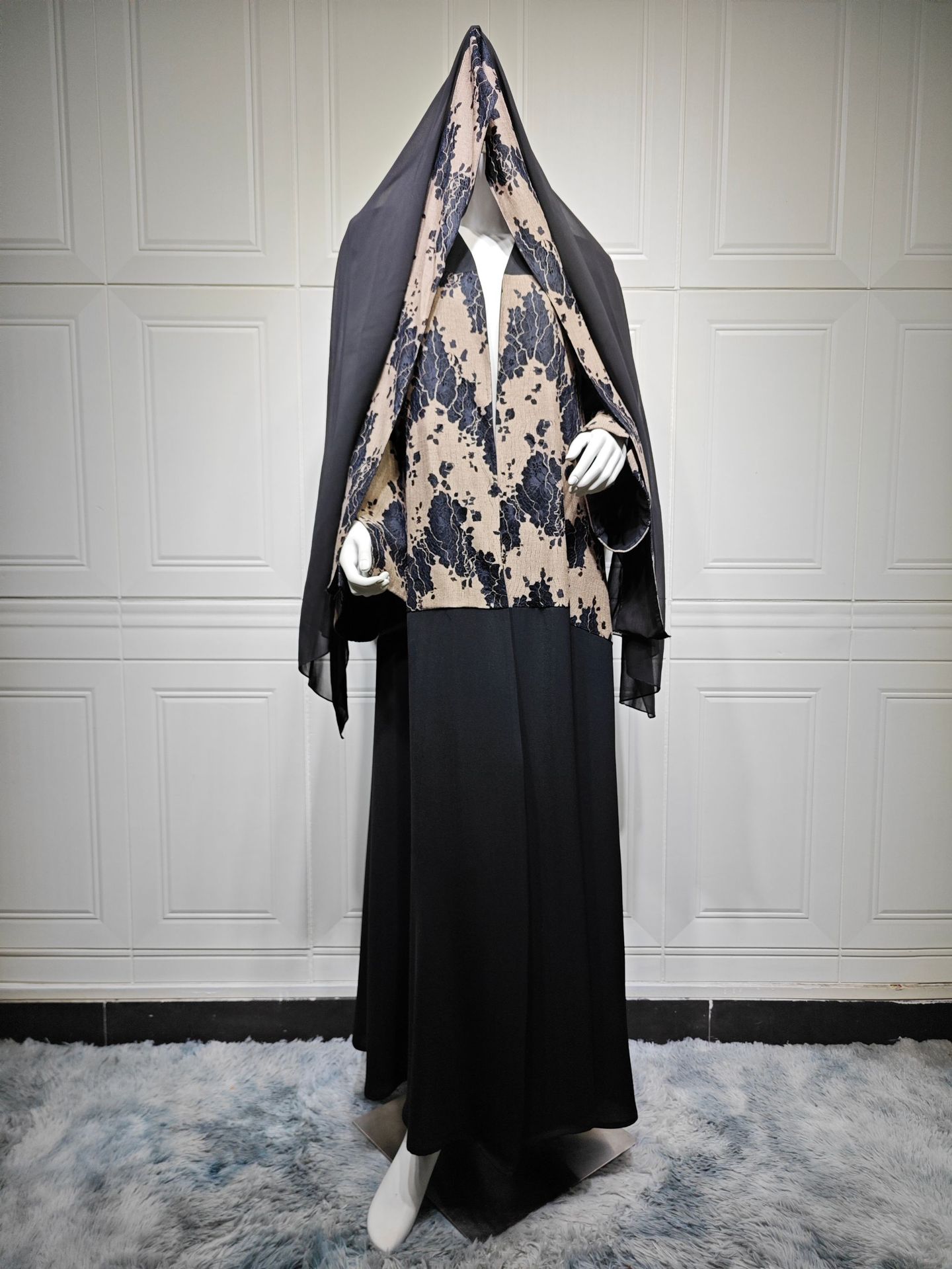 Black Lace Patchwork Open Abaya with Headscarf (9)