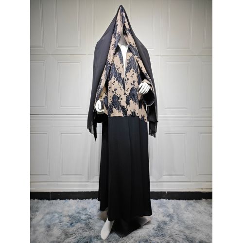 تکه تکه توری مشکی عبای باز با روسری