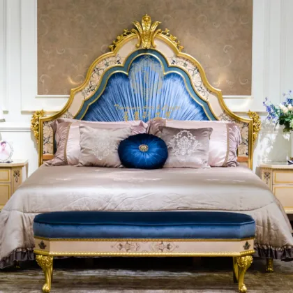 European Design Classical Luxury Solid Wood Bed with Matching Footstool - Royal Blue