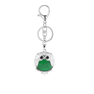 Malachite 24mm Beads Silver Owl Pendant Keychain Lobster clasp