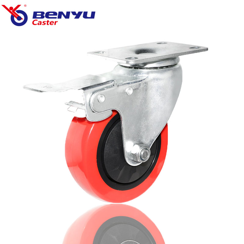 Medium-Duty 4inch Red PU Casters Swivel with Brake