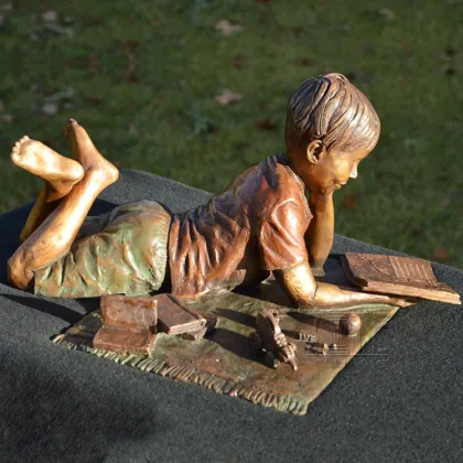 Outdoor lovely casting bronze boy and puppies statues children sculpture