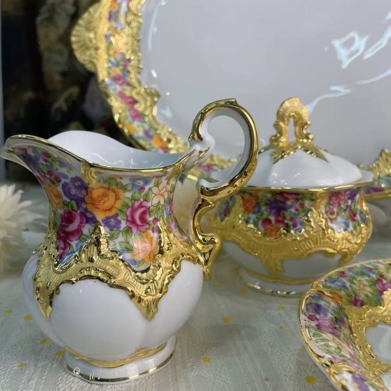Luxury Floral Embossed Porcelain Set with Gold Trim