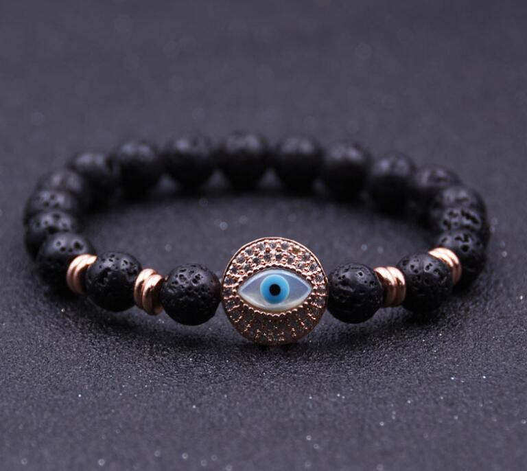 Pulsera de cuentas redondas de piedra de lava de mal de ojo de plata 8MM