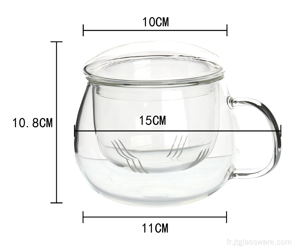 Tasse à thé en verre à boire de forme ronde avec poignée et couvercle