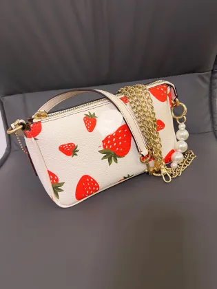 Strawberry Mahjong Crossbody Handbag - Women's Summer Fashion Cowhide Small Square Zipper Bag