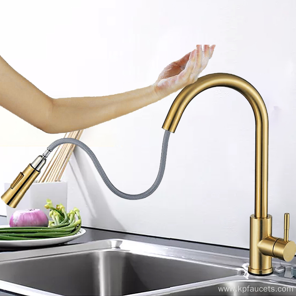 Brush Gold Kitchen Faucet Pull Down Hot And Cold Mixer 360 Degree Rotating Kitchen Faucets