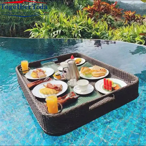 Hand woven cane floating tray for swimming pools