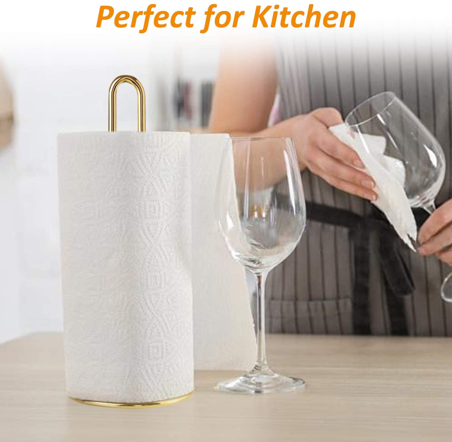 Metal paper towel holder on kitchen tabletop