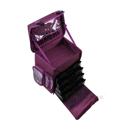 Travel nylon hairdresser rolling train case make-up box with abs drawers and clear extra bags