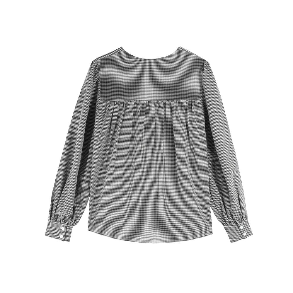 Collared Bubble Sleeve Pleated Plaid Top