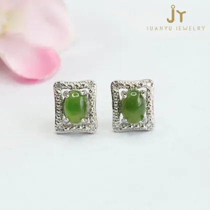 Square Jasper and Hetian Jade Sterling Silver Earrings: Precious Gemstone Jewelry