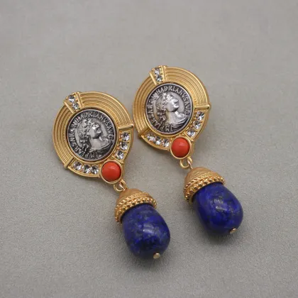 Vintage Jewelry Natural Lapis Lazuli Ancient Coin Earrings