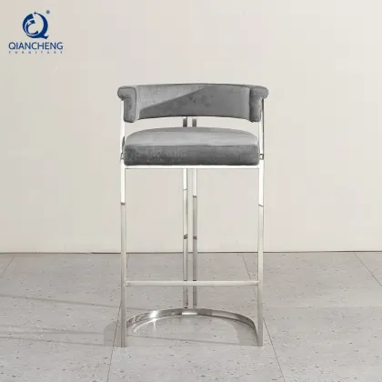 QIANCHENG Velvet Barrel Back Bar Stool for Modern Luxury Dining