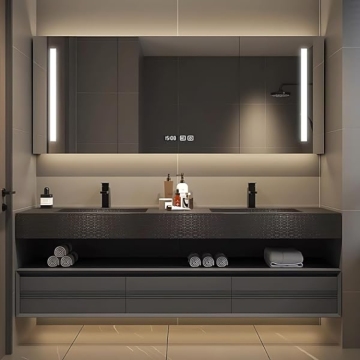 Custom Design Wooden Bathroom Vanity Set with Sinks and Lighting Mirror