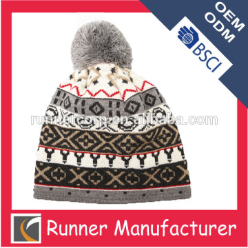 Wholesale winter hat cheap knitted jacquard beanie with pom pom
