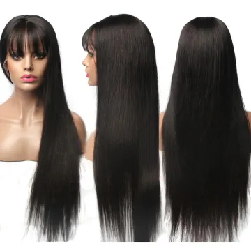 Medium Long Length Straight Virgin Remy  Glueless Freestyle Parting 4*4 Lace Front Human Hair Wigs With Baby Hair And Bang