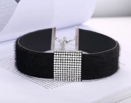 Rhinestone Centre Section Velvet Choker Fur Leather Necklace