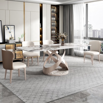 Modern Irregular Design Stainless Steel Leg Six-seat Table with Rock Plate Top