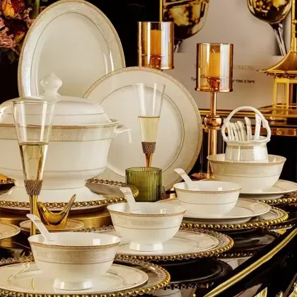 58-Piece Luxury Golden Bone China Tableware Set - Eco-Friendly and Sustainable Royal Porcelain Plates