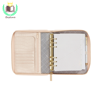 Custom Pink Faux Croco Texture PU Leather A5 6 Ring Zipper Binder Planner