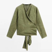 Women's knot decoration waist elegant pure linen cover shirt