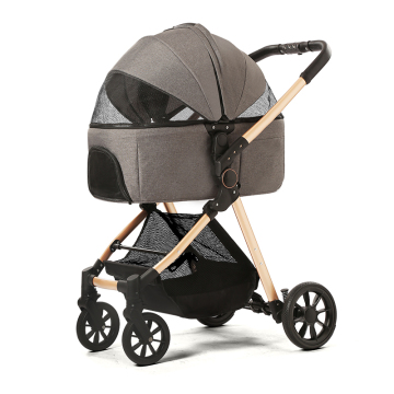 4 Wheel Foldable Cat Dog Stroller with Storage Basket and Cup Holder