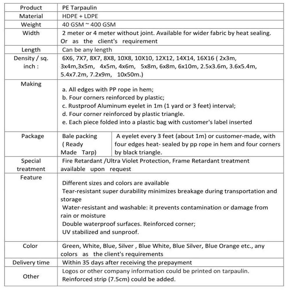 Tarpaulin Specification