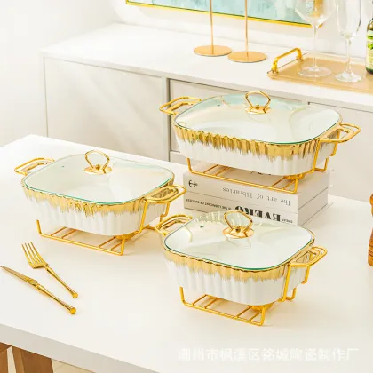 Luxury Rectangular Ceramic Dry Pot Food Warmer Set
