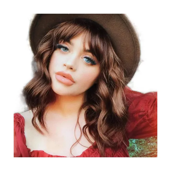 Factory wholesales brown Short Loose Body Wave Hair wig With Bangs shoulder length Wavy Synthetic Wigs For African Black Women
