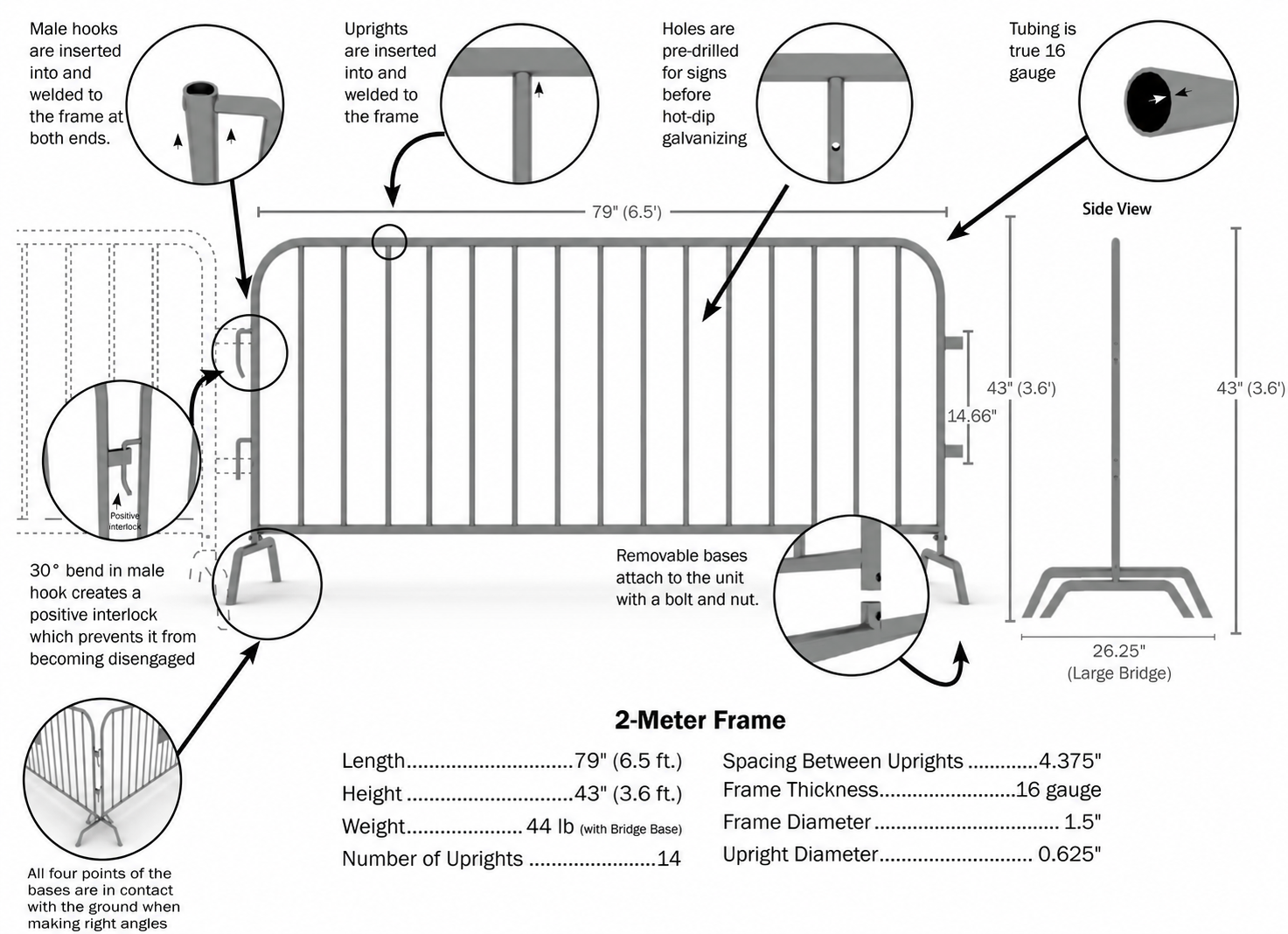 Crowd control barrier specification drawing – dimensions and component details, ANJIA technical documentation