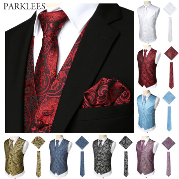 Luxury Wine Red 3pcs Paisley Waistcoat Vest Necktie Handkerchief Set 2019 Classic Jacquard Vest Men Formal Business Casual Vest