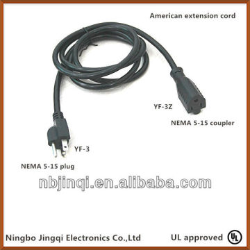 American extension cord male end NEMA 5-15 plug with 13A/15A/ 125V and female end NEMA 5-15 connector