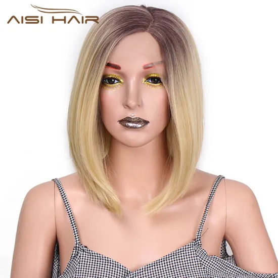 Aisi Hair Short Bob Ombre Blonde Dark Root Wig Silky Straight Front Lace Wig Cosplay Lace Front Hair Wigs For Black White Women