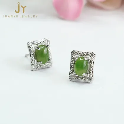 Square Jasper and Hetian Jade Sterling Silver Earrings: Precious Gemstone Jewelry