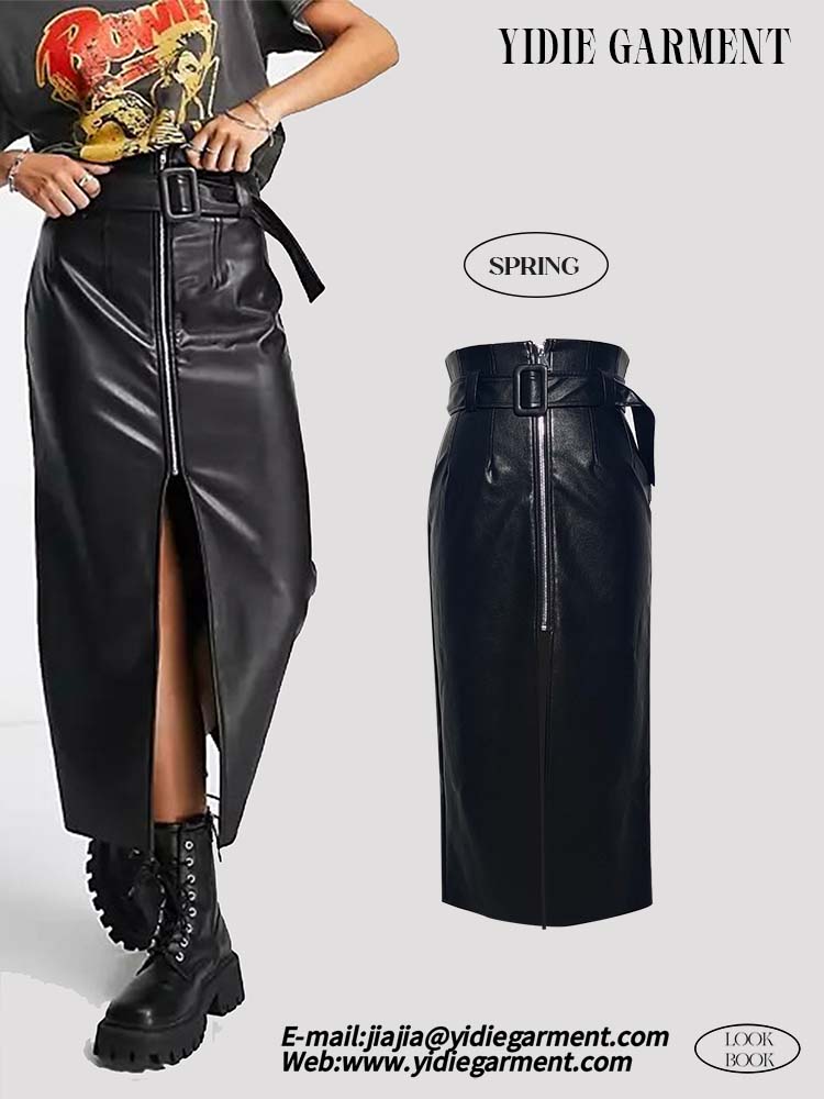 Black Faux Leather Belted Midi Skirt With Zip