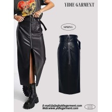 Black Faux Leather Belted Midi Skirt With Zip