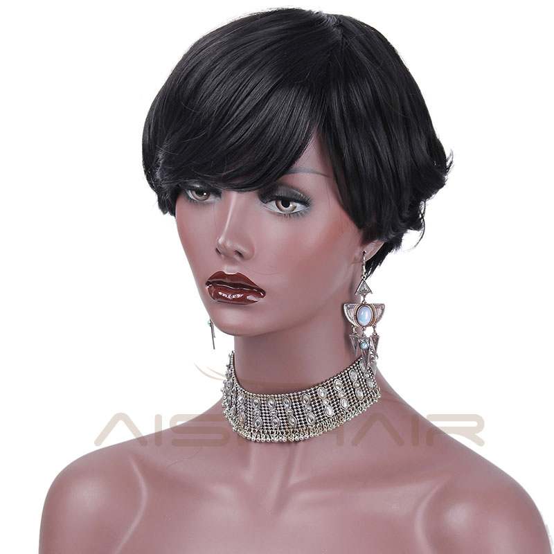 Synthetic Short Wavy Pixie Cut Wig With Bangs Natural Black Color Heat Resistant Fiber Wigs For African American Women