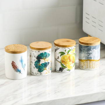 Ceramic Canister Set with Flower Patterns and Bamboo Lids