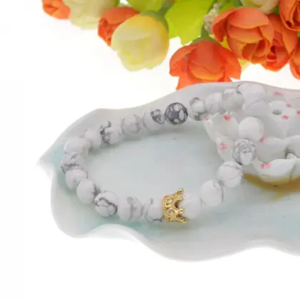 Fshion 8MM Round Beads Golden Crown White Pine Bracelet Wholesale