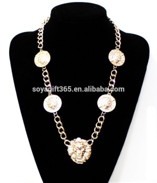 Golden Enamel 5 Lion Head Choker Necklace Pendant Thick Lion Jewelry