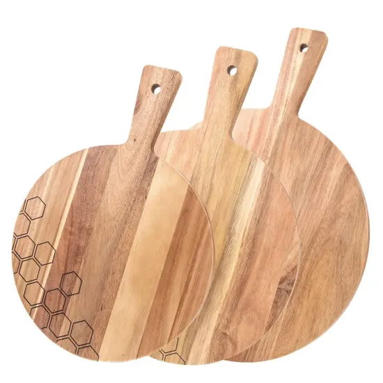 Personalized Round Acacia Wooden Cheese Cutting Boards and Large Pizza Serving Board Tray Set