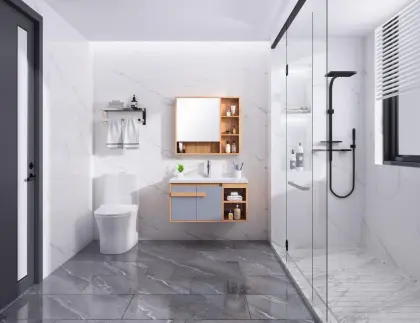 White plywood bathroom mirrored cabinet with ceramic basin