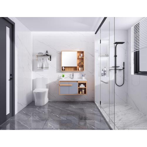 White plywood bathroom mirrored cabinet with ceramic basin