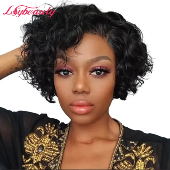 Short Curly Pixie Cut Bob Wigs Brazilian Romance Curly Human Hair Lace Closure Wigs For African American Black Women
