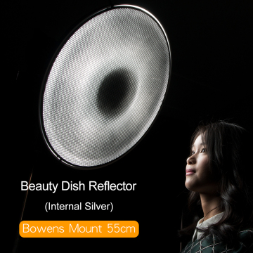 22" Studio Silver Beauty Dish with Bowens Mount, Honeycomb Grid, and Diffuser Sock - 55cm