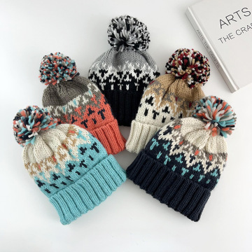 Winter Unisex Thick Knit Jacquard Beanie Hat with Pom Pom